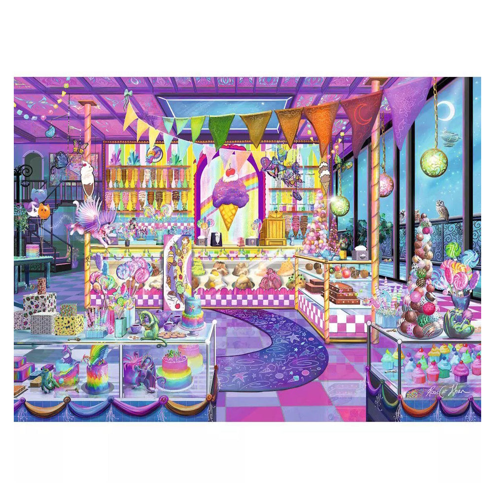 Colorful and whimsical interior design of a candy store with various sweets and decorations.