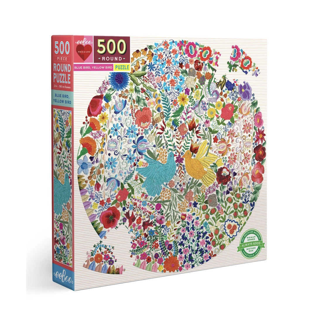 eeBoo 500 Piece Round Puzzle - Blue Bird, Yellow Bird