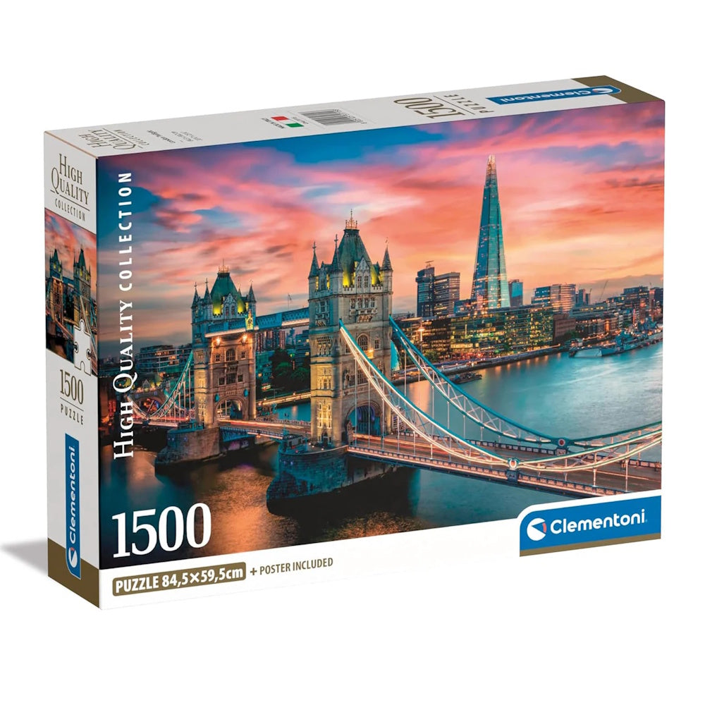 Jigsaw puzzle box featuring Tower Bridge and the London skyline at sunset, with Clementoni branding.