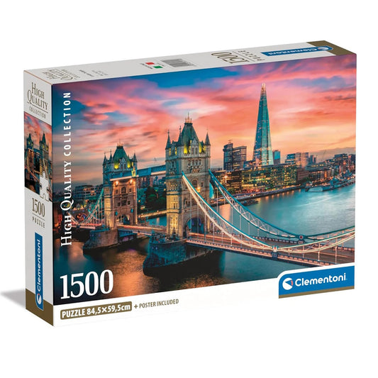 Jigsaw puzzle box featuring Tower Bridge and the London skyline at sunset, with Clementoni branding.