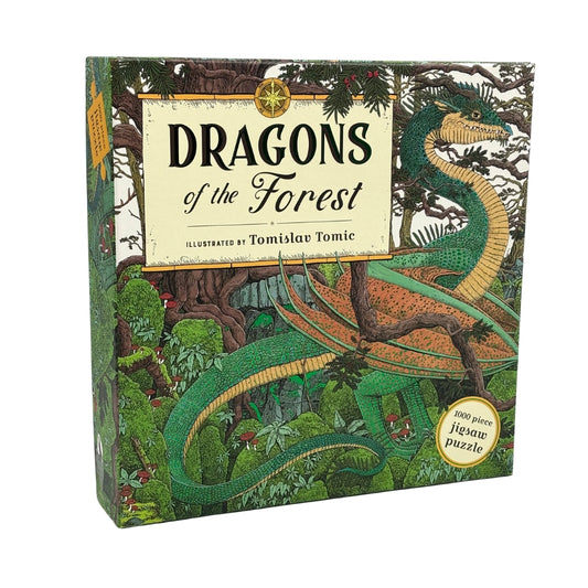 Box of 'Dragons of the Forest' puzzle with dragons and forest design.
