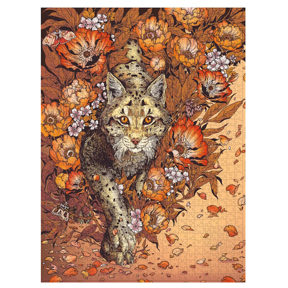 Illustration of a lynx surrounded by autumnal flowers and leaves.
