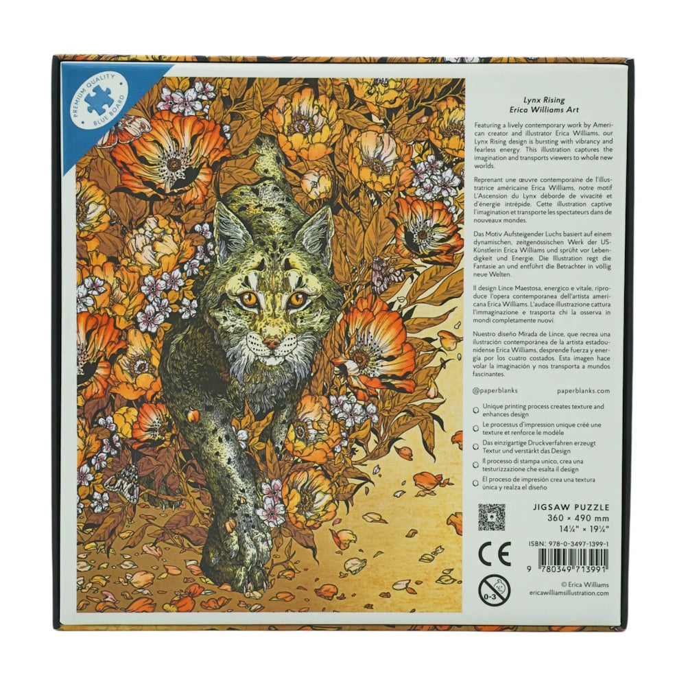 Jigsaw puzzle box with a cat and floral design on the back