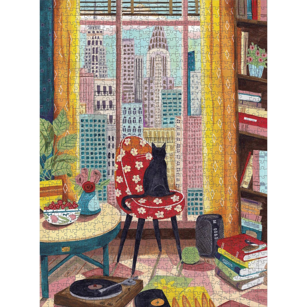Pomegranate 1000 Piece Puzzle - Caroline Bonne Müller: Black Cat in New York Window