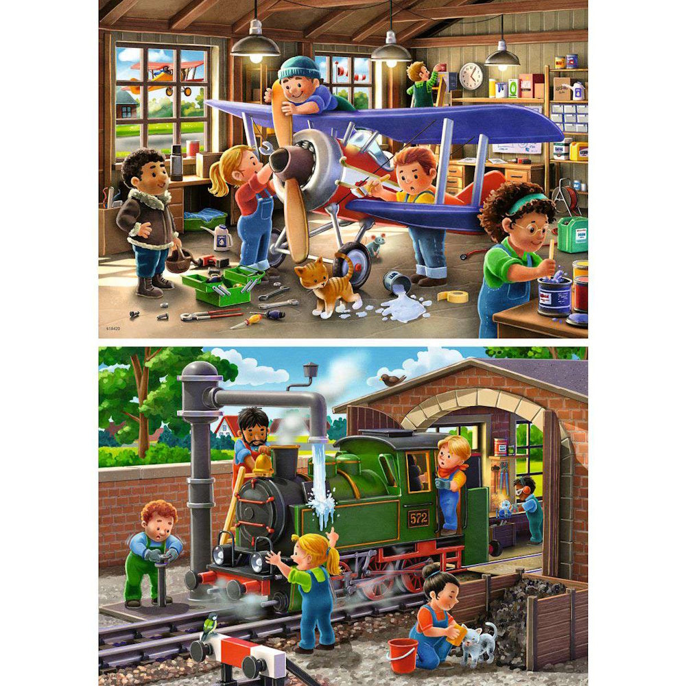 Ravensburger 2 x 24 Piece Puzzles - Airplane & Train Repairs