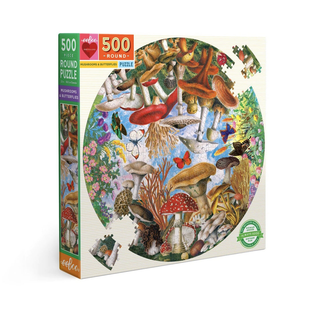 eeBoo 500 Piece Round Puzzle - Mushrooms & Butterflies